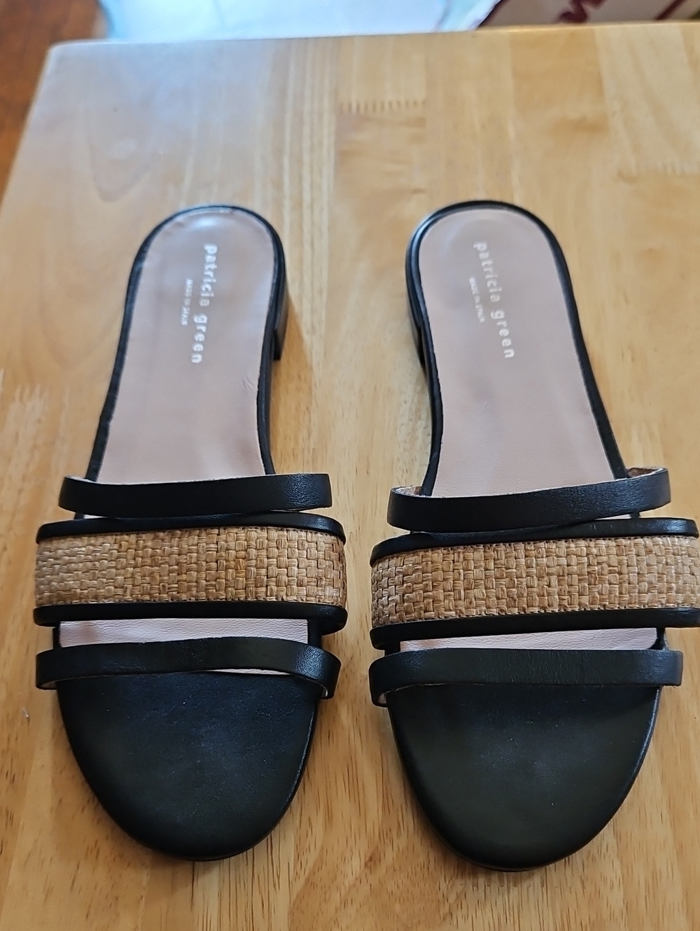 Patricia Green Black and Natural Woven Strap Slide Mules